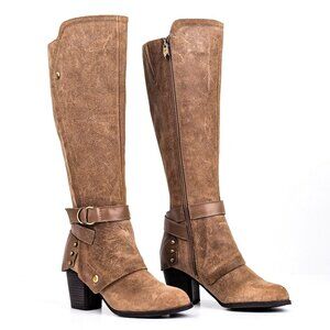 Fergie Women Folded Buckle Strap Taupe Leather Riding Heel Tall Boots sz 6.5